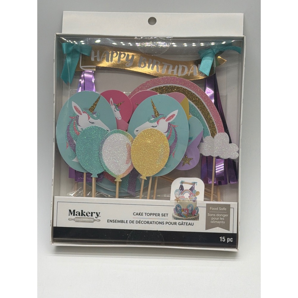 Makery Unicorn Rainbow Cake Topper Set 15pc Happy Birthday Party Decor Glitter